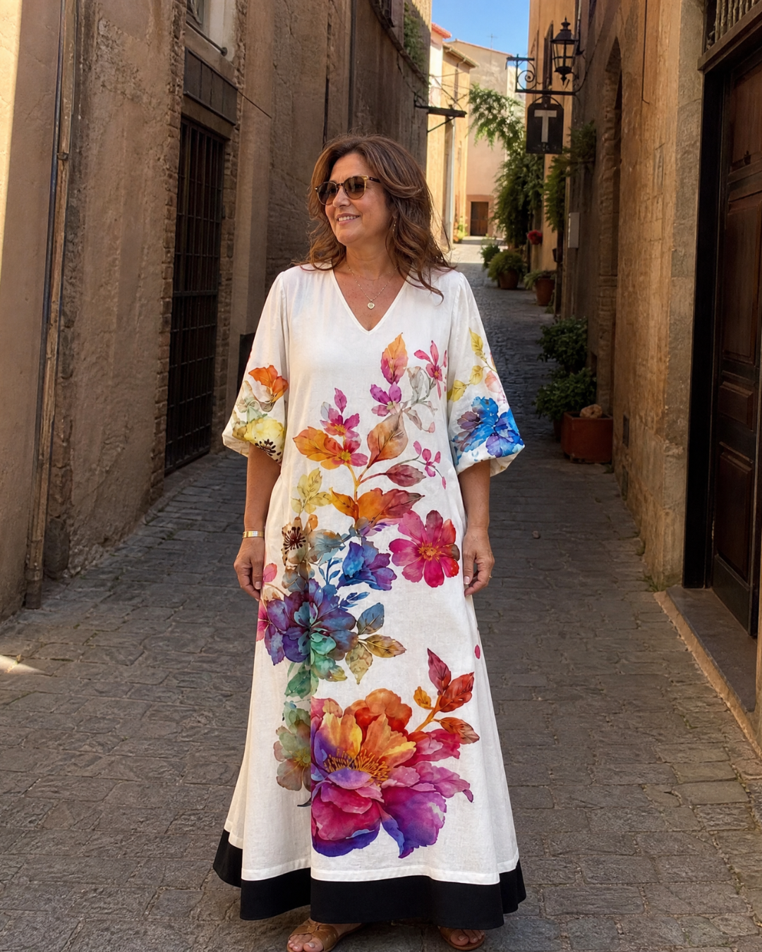 Florienne | Watercolor Bloom Print Flowing Pocket Midi Dress