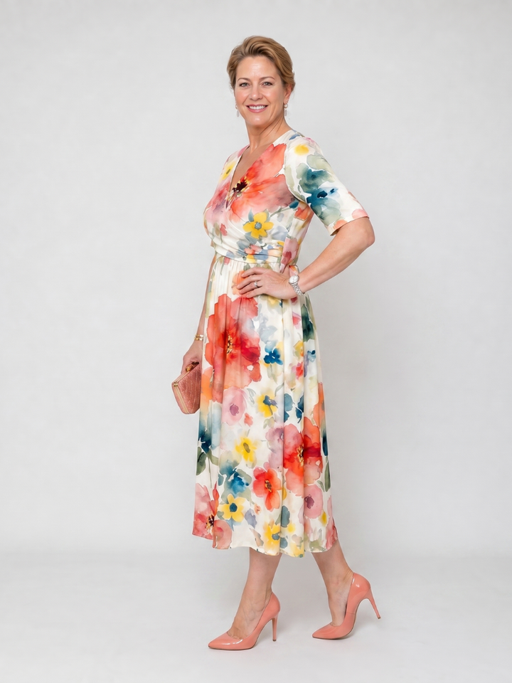 Corinne | Floral Print Short Sleeve V Neck Midi Dress