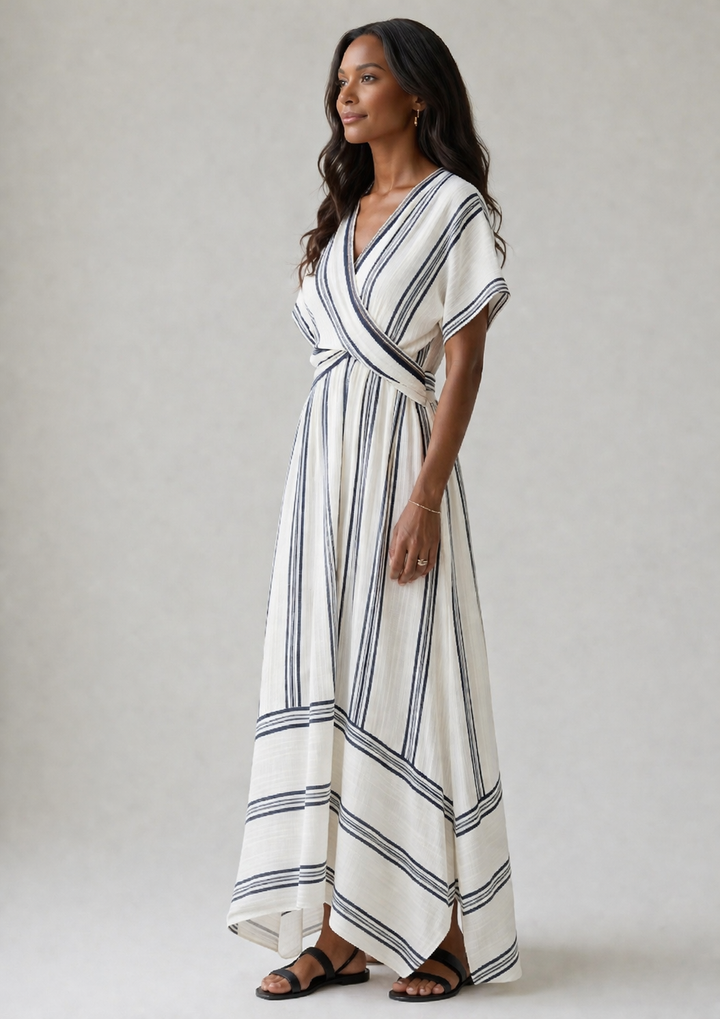 Thalassa | V Neck Short Sleeve Wrap Waist Midi Dress