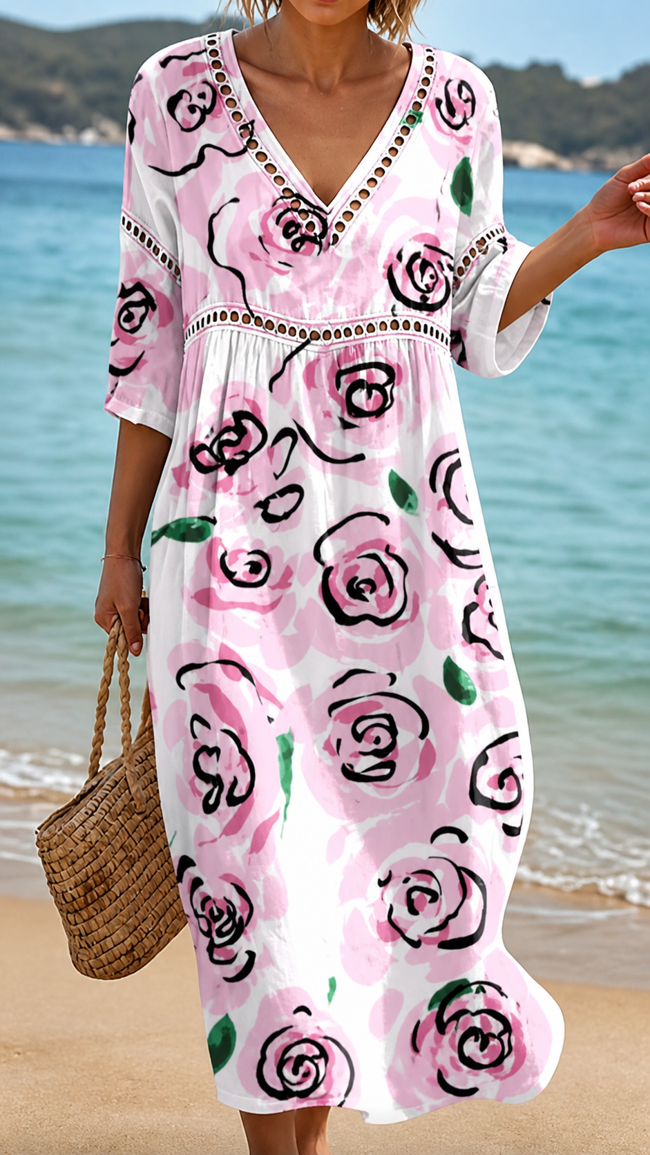 Soft Rose Print Beach Dress