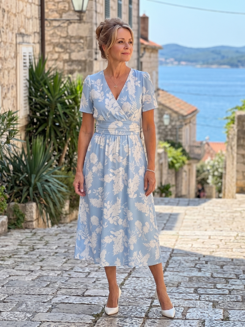 Marion | Floral Print Short Sleeve V Neck Midi Dress