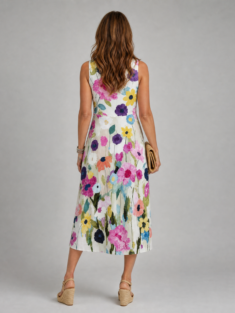 Flory | Floral Print Sleeveless Round Neck Midi Dress