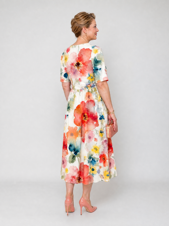 Corinne | Floral Print Short Sleeve V Neck Midi Dress