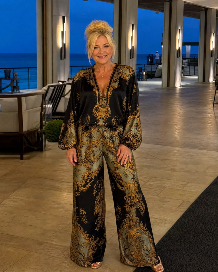Valoria | Baroque Print Blouse And Wide Leg Pants Set