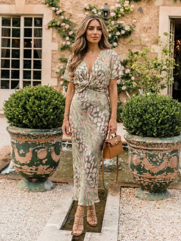 Charlotte | Abstract Print V Neck Twist Waist Midi Dress