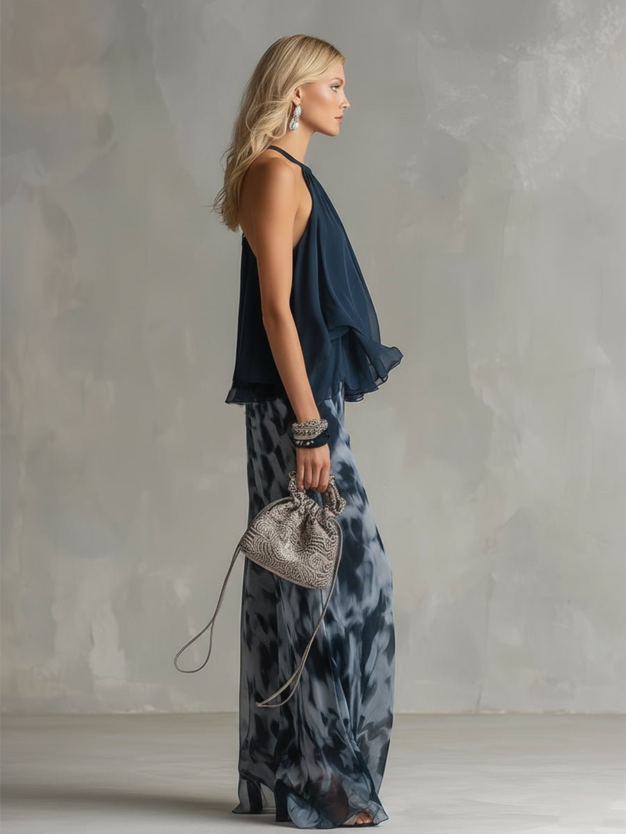 Ludovica™ | Navy Halter Printed Wide-Leg Set