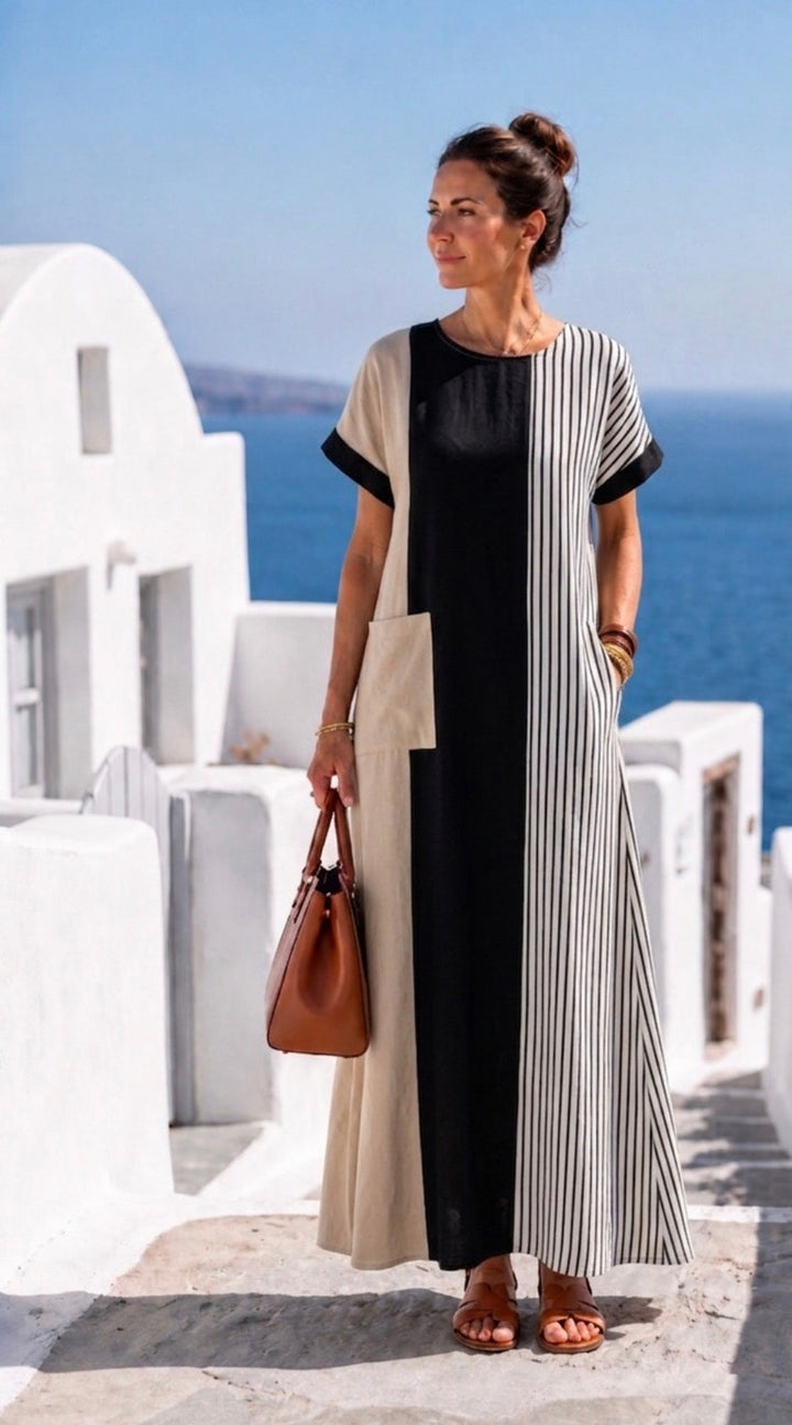 Elara | Round Neck Short Sleeve Striped Maxi Dress