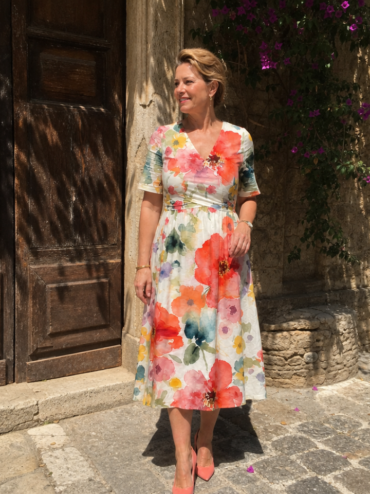 Corinne | Floral Print Short Sleeve V Neck Midi Dress