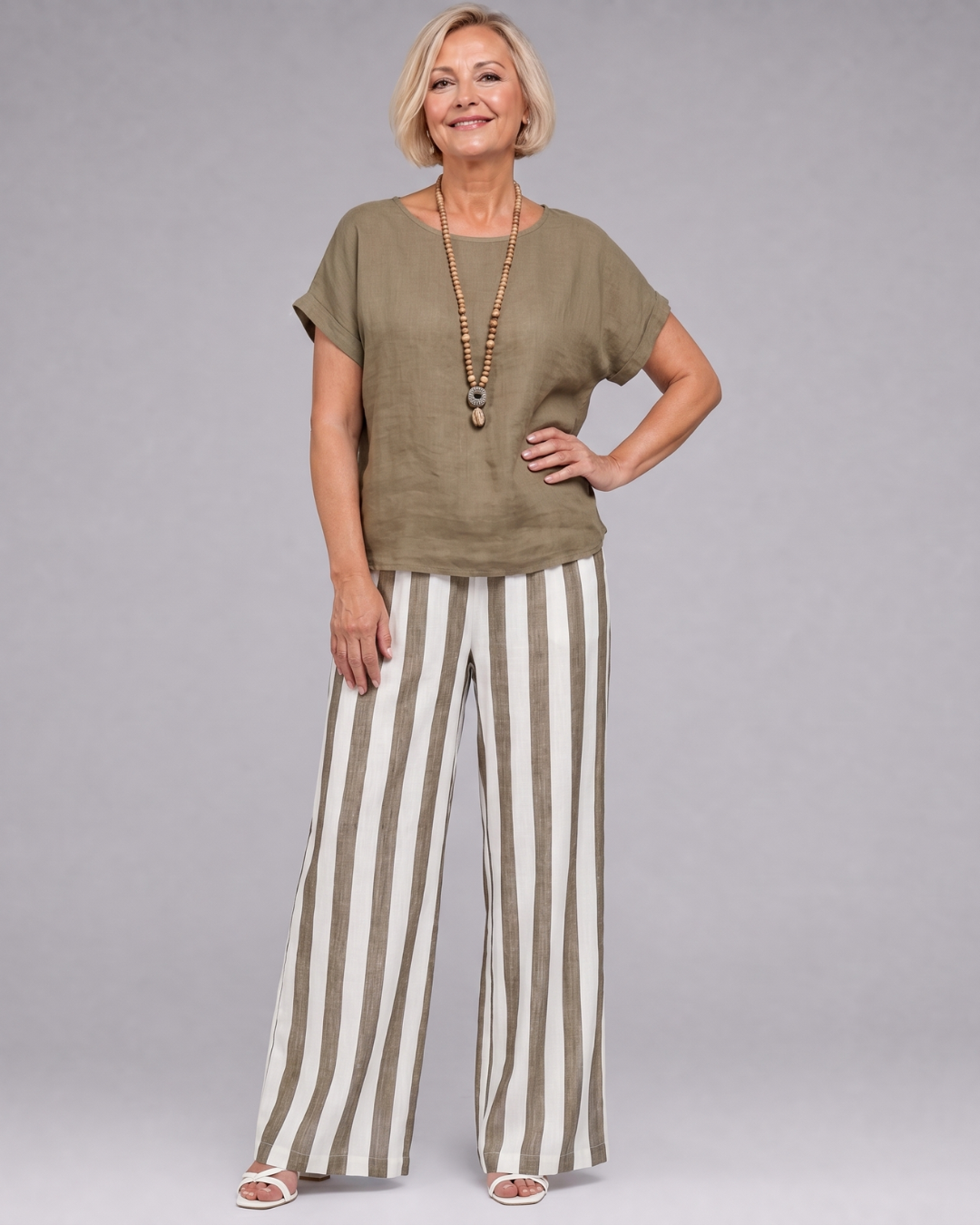 Miolna | Linen Blend Top And Striped Wide Leg Pants Set