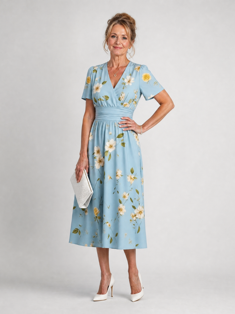 Marion | Floral Print Short Sleeve V Neck Midi Dress