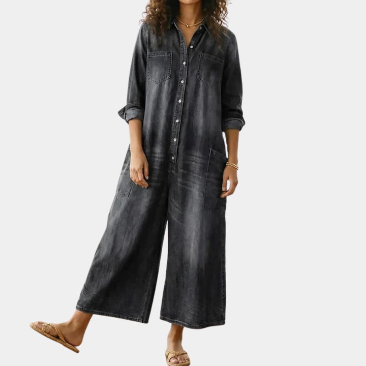 Diana | Vintage Washed Soft Cotton Denim Jumpsuit with Button Closure