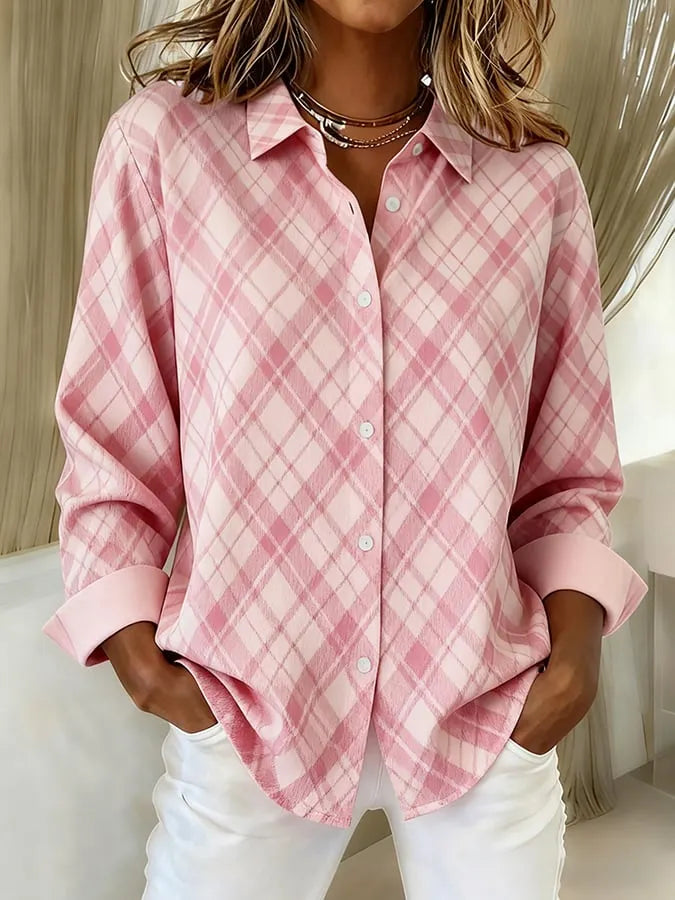 Women's casual pink plaid shirt