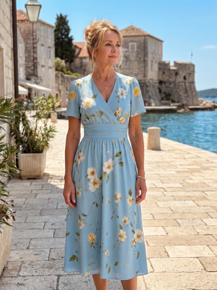 Marion | Floral Print Short Sleeve V Neck Midi Dress