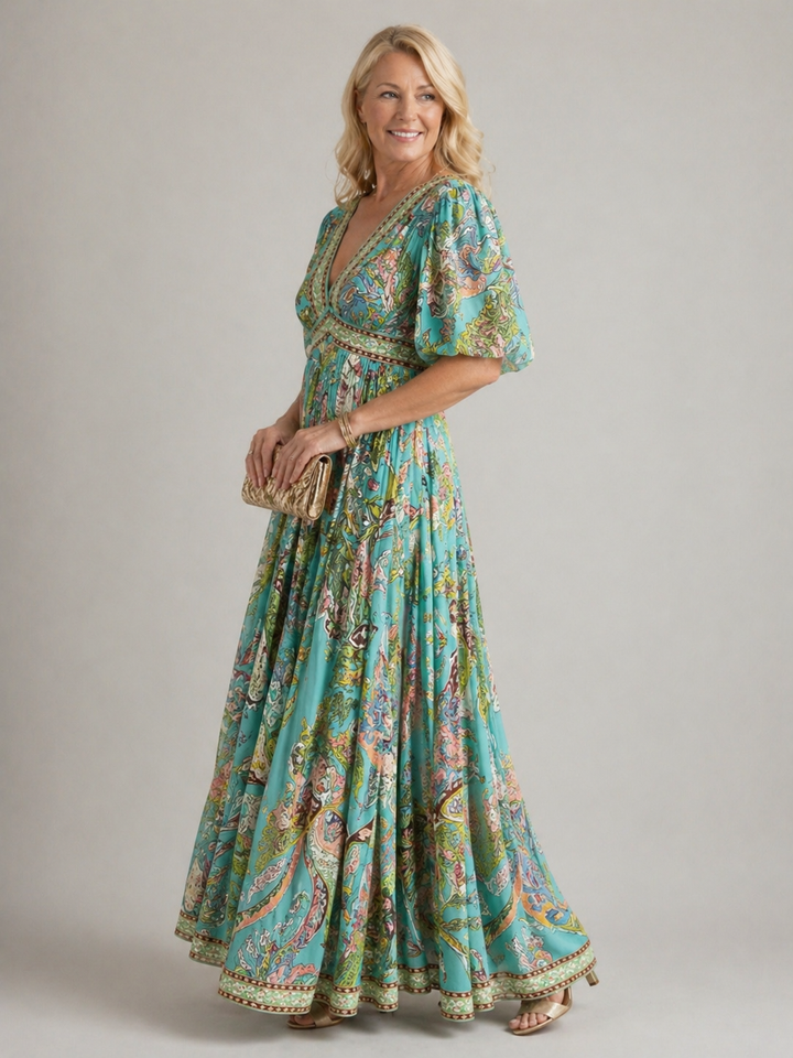 Hazel | Airy maxi dress with puff sleeves and V-neck