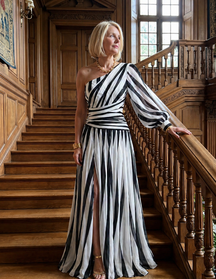 Pearl |Elegant Striped Maxi Dress with One Shoulder