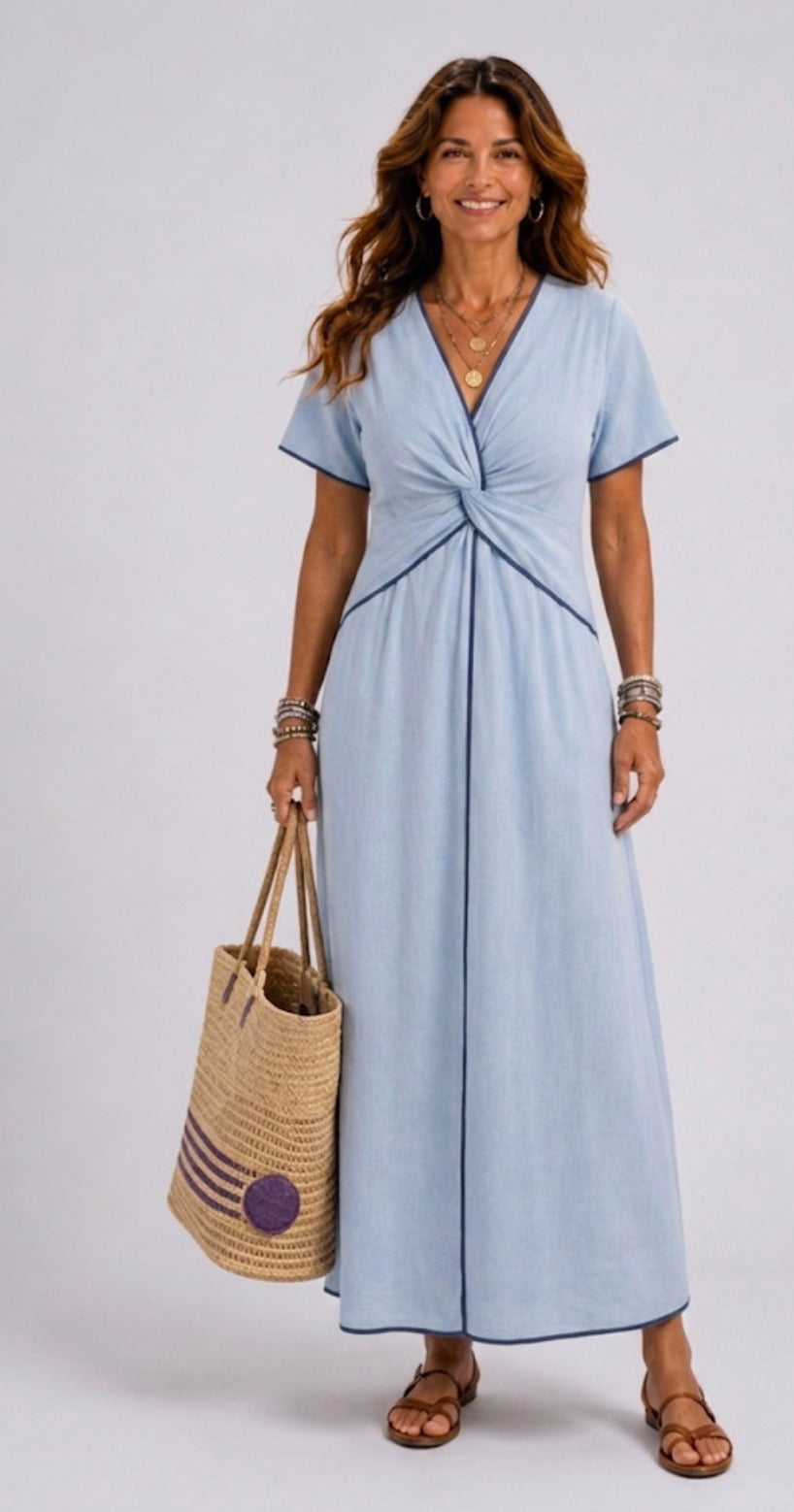 Eirene | V Neck Short Sleeve Twist Front Midi Dress