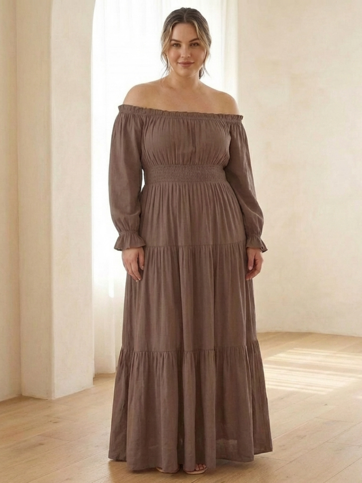 Aveline | Off Shoulder Long Sleeve Smocked Maxi Dress
