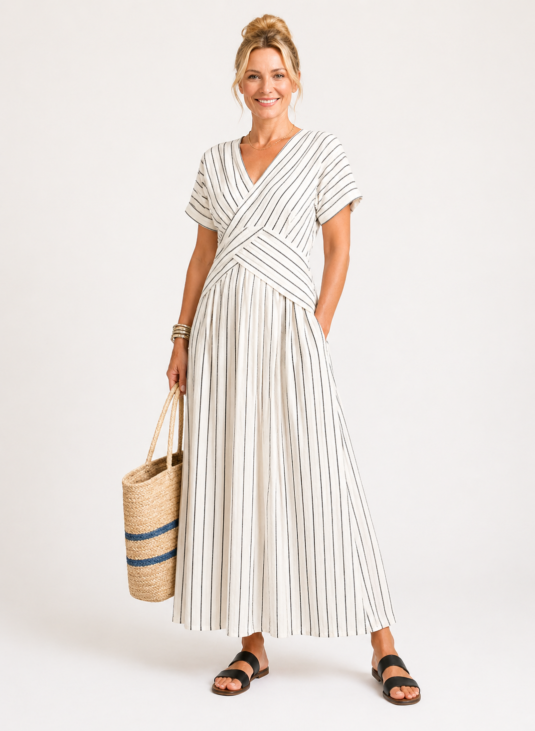 Cressida | V Neck Short Sleeve Cross Waist Midi Dress