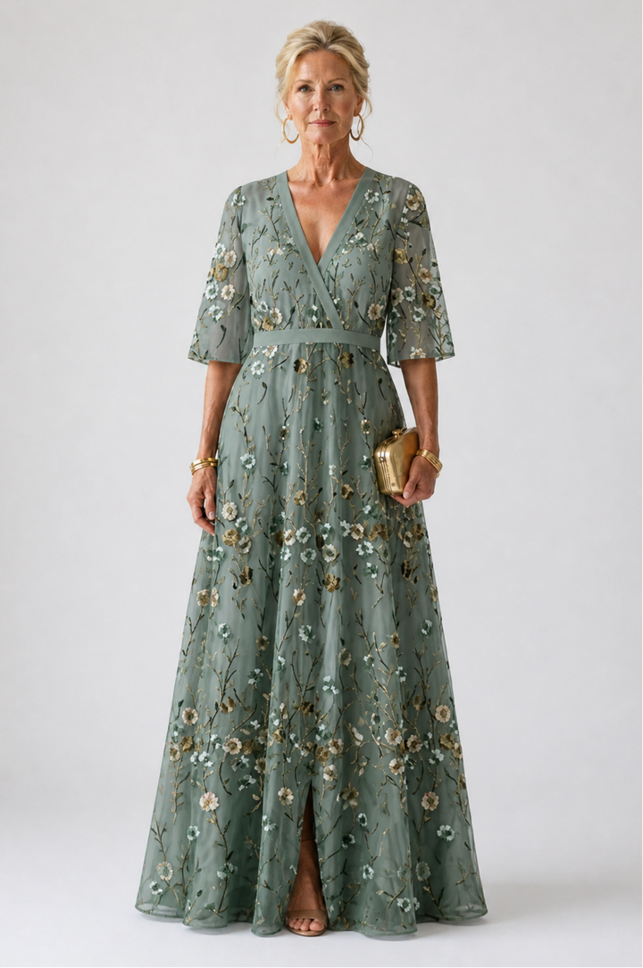 Margaret | Floral V Neck Short Sleeve Maxi Dress