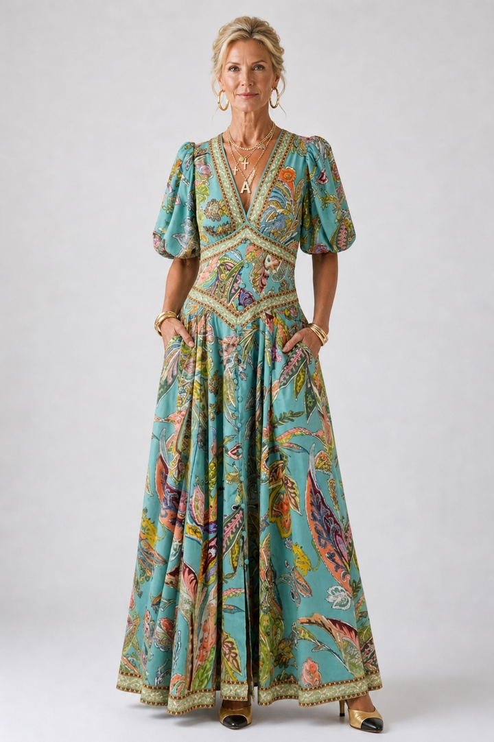 Hazel | Airy maxi dress with puff sleeves and V-neck