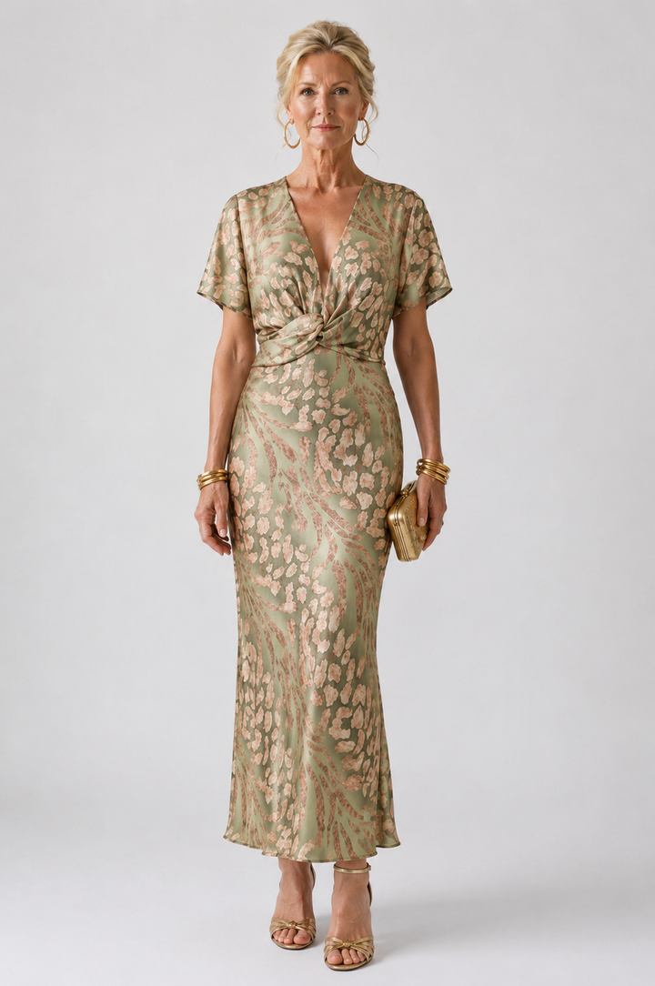 Charlotte | Abstract Print V Neck Twist Waist Midi Dress