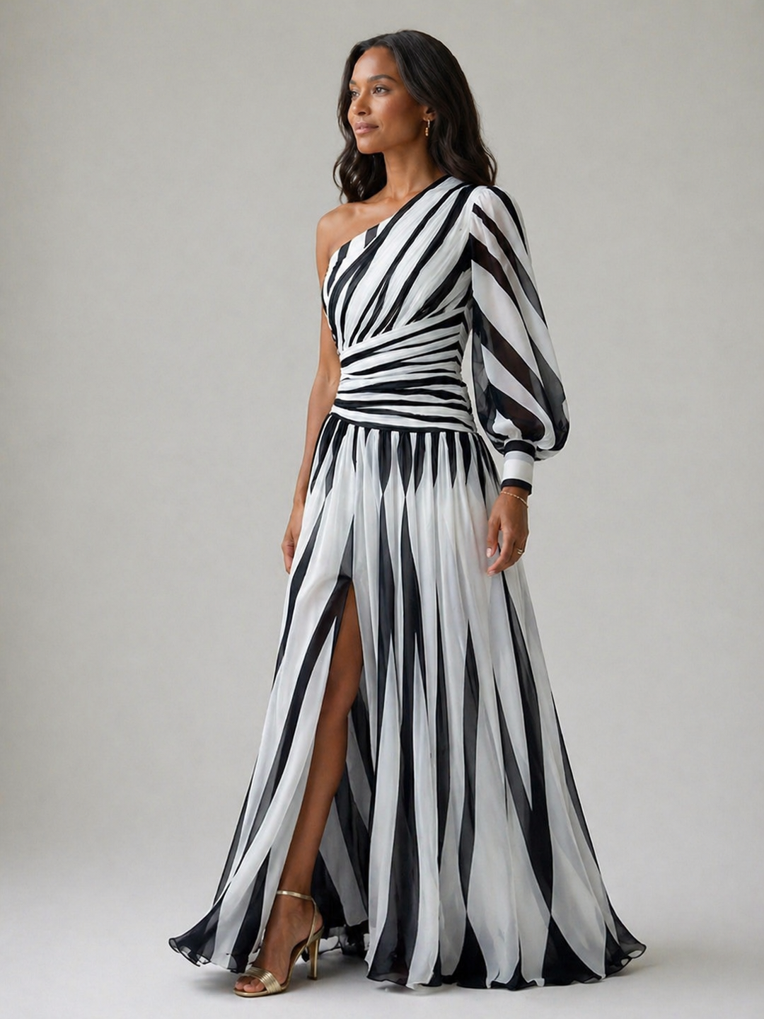 Pearl |Elegant Striped Maxi Dress with One Shoulder