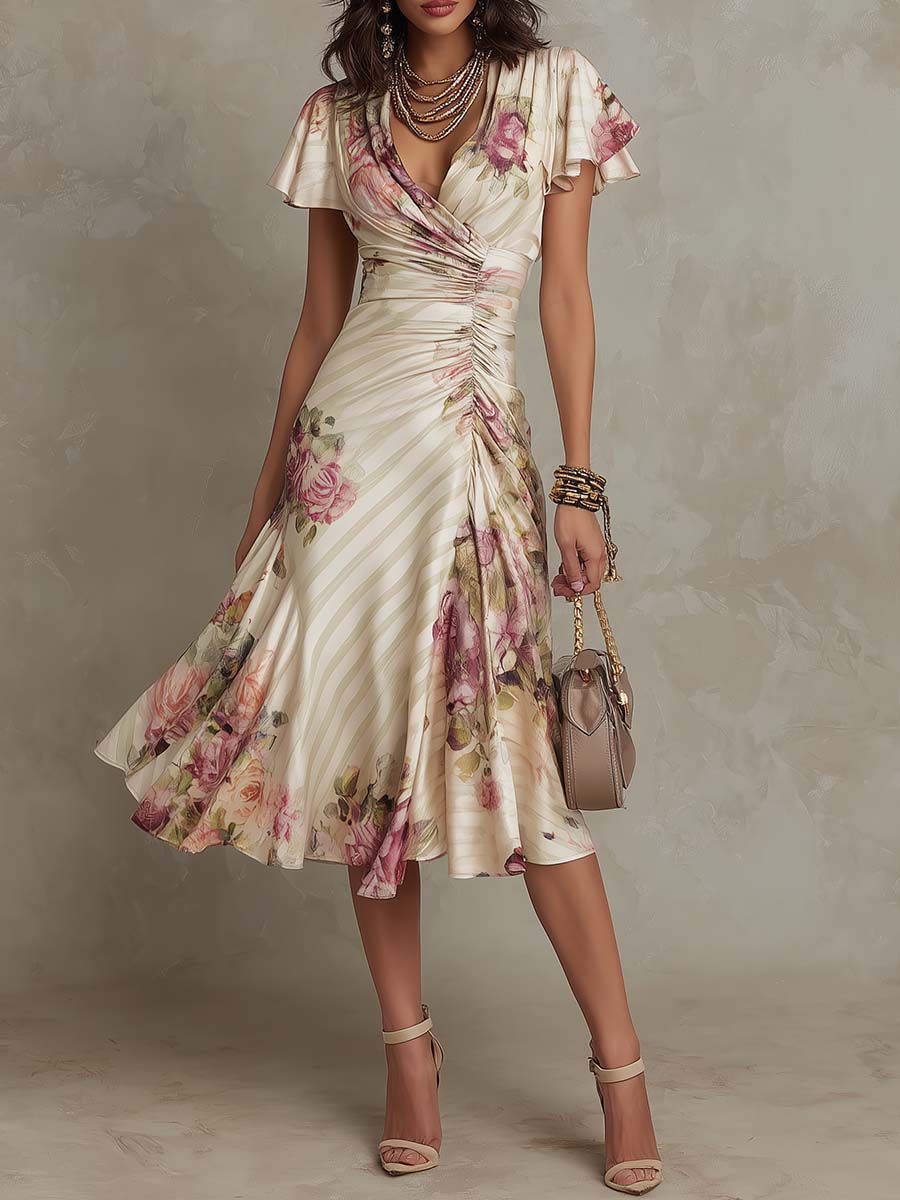 Alba™ | Floral Ruched Wrap Midi Dress