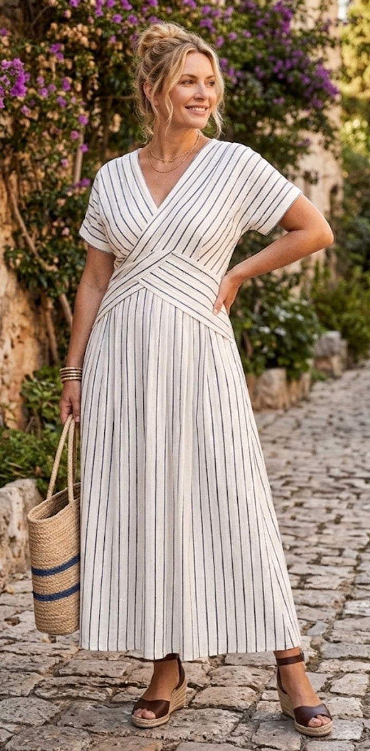 Cressida | V Neck Short Sleeve Cross Waist Midi Dress