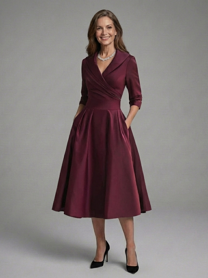Genevieve | Three Quarter Sleeve Wrap Bodice Midi Dress