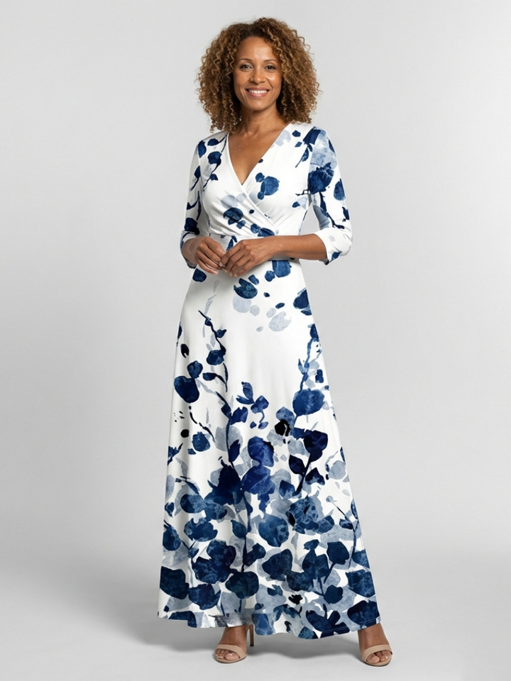 Eleanor | Three Quarter Sleeve V Neck Floral Maxi Dress