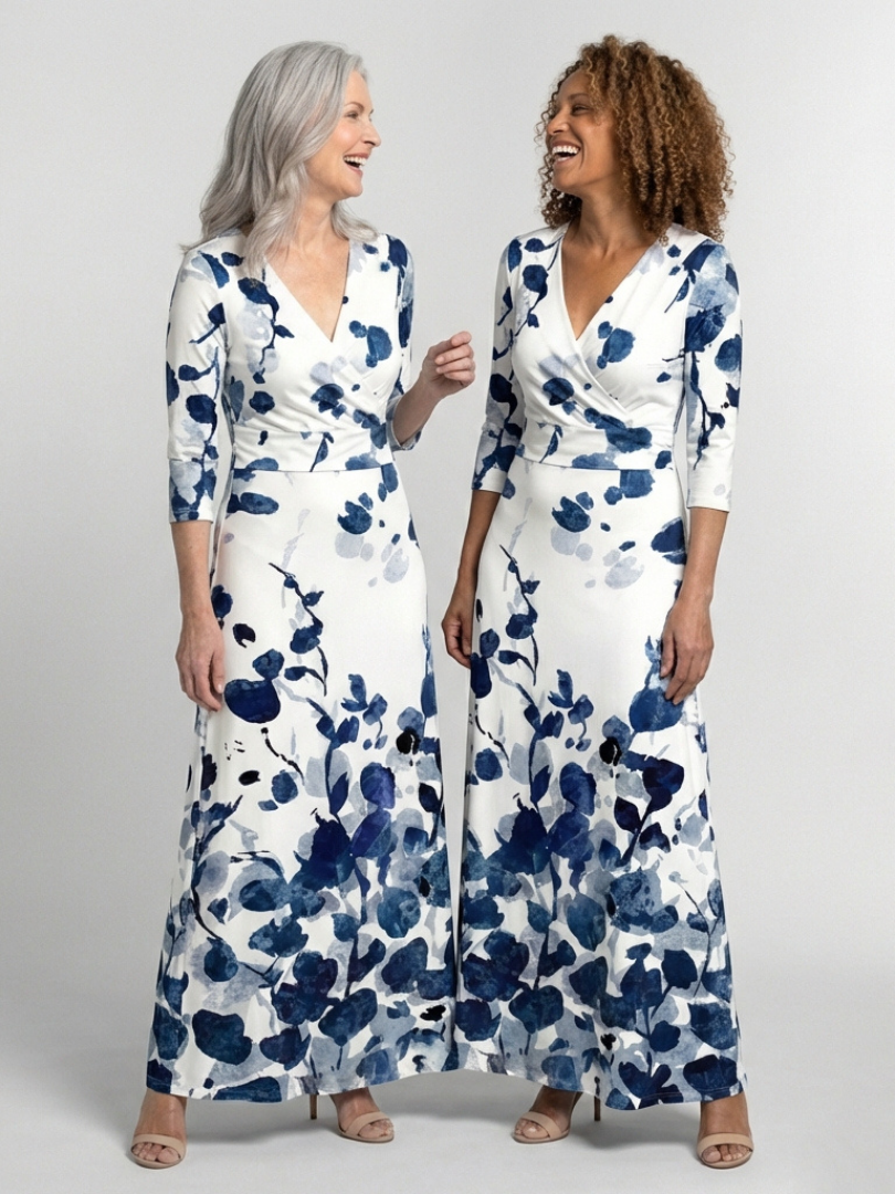 Eleanor | Three Quarter Sleeve V Neck Floral Maxi Dress