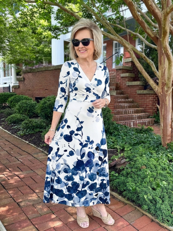 Eleanor | Three Quarter Sleeve V Neck Floral Maxi Dress
