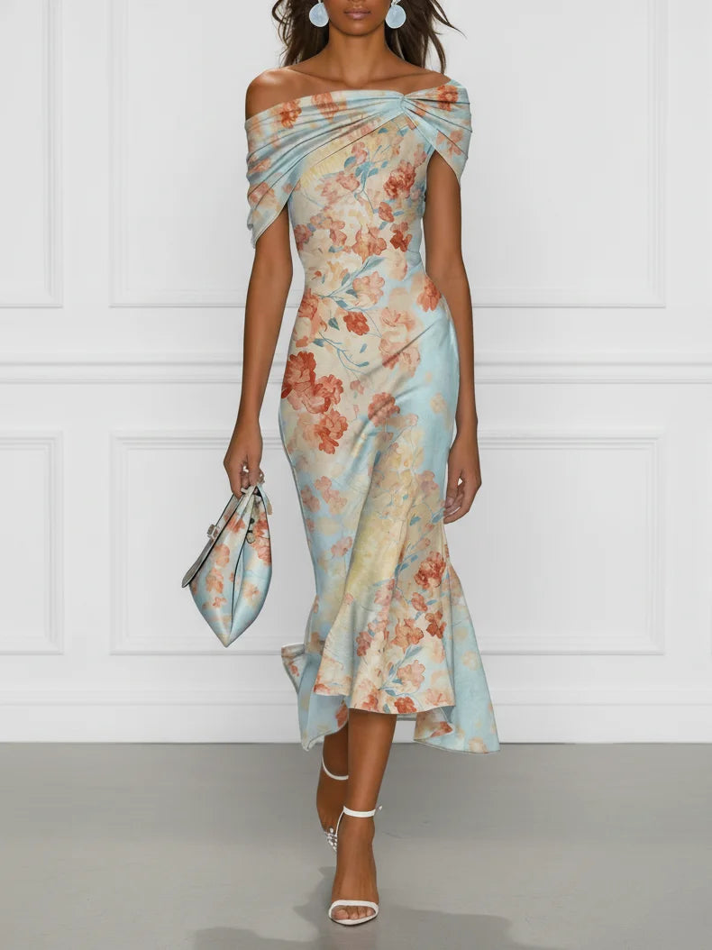 Vittoria™ | Blue Floral Off-Shoulder Mermaid Midi Dress