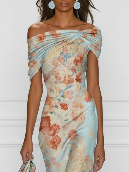 Vittoria™ | Blue Floral Off-Shoulder Mermaid Midi Dress