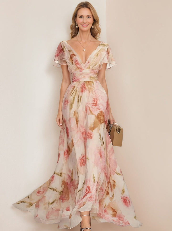 Floral Printed V-Neck Dress with Short Ruffled Sleeves