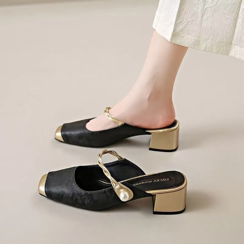 Melina | Square-Toe Pearl Strap Heel Mules