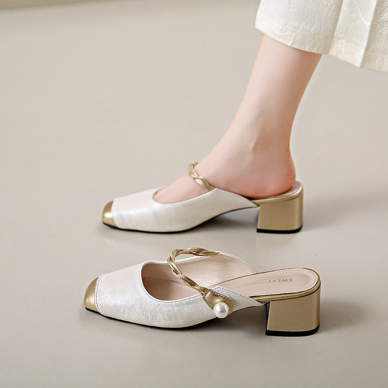 Melina | Square-Toe Pearl Strap Heel Mules