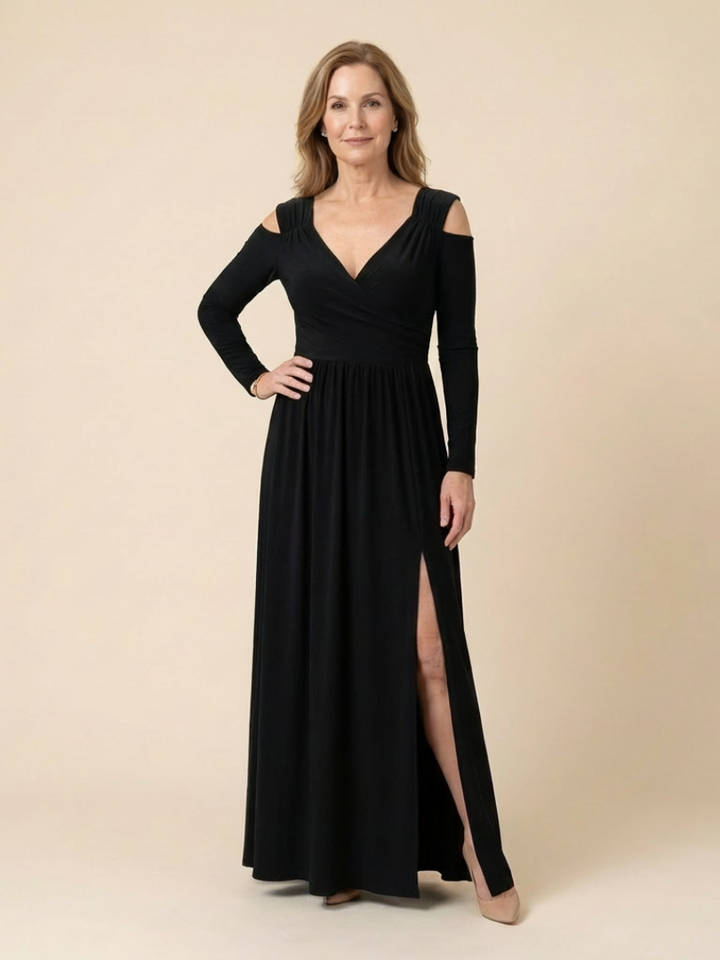 Althea | Long Sleeve V Neck Maxi Dress With Slit