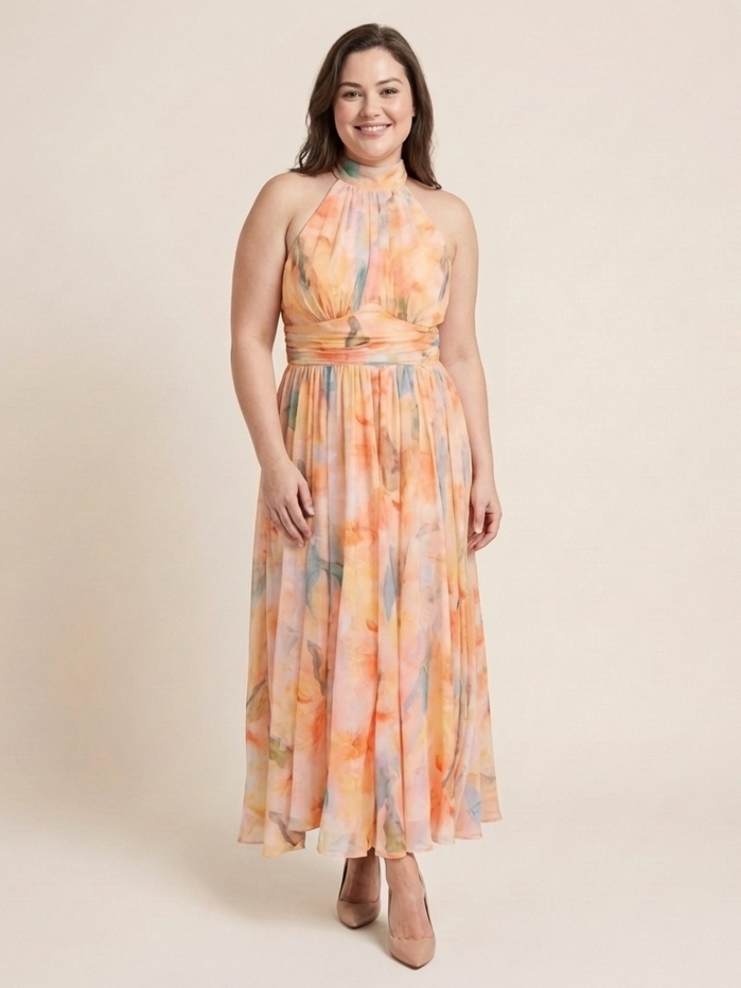 Elara | Sleeveless High Neck Gathered Waist Midi Dress