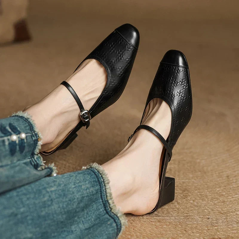 Berla | Embossed Mary Jane Heel Mules