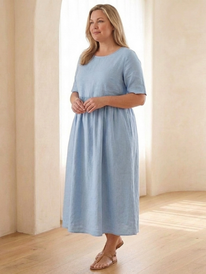 Maribel | Round Neck Short Sleeve Gathered Midi Dress