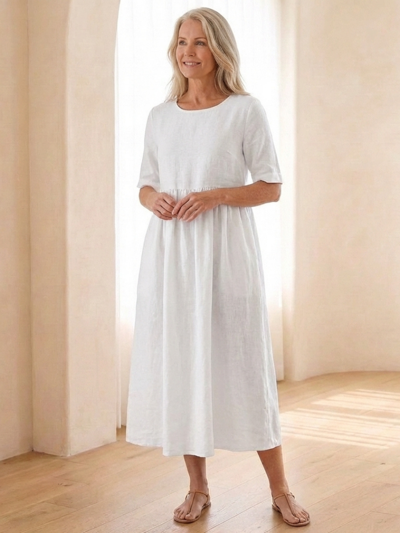 Maribel | Round Neck Short Sleeve Gathered Midi Dress