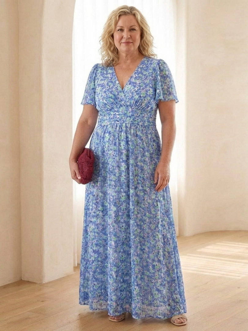 Maris | Floral V Neck Short Sleeve Maxi Dress