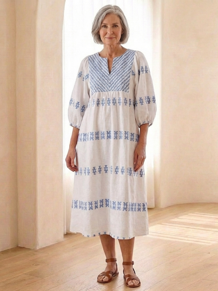 Solene | Embroidered V Neck Long Sleeve Midi Dress