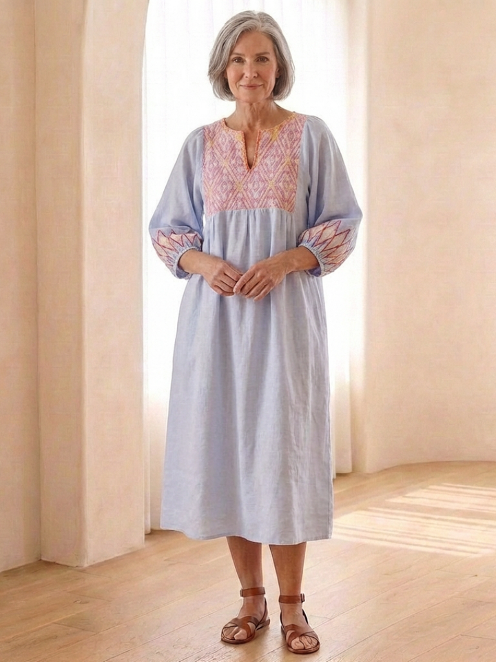Solene | Embroidered V Neck Long Sleeve Midi Dress