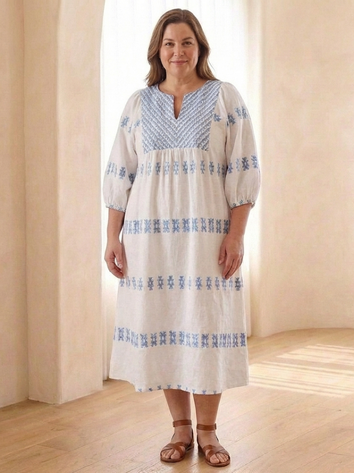 Solene | Embroidered V Neck Long Sleeve Midi Dress