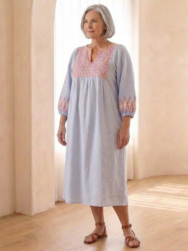 Solene | Embroidered V Neck Long Sleeve Midi Dress