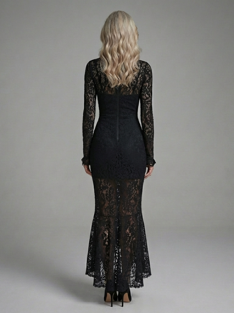 Margaret | Long Sleeve High Neck Lace Midi Dress