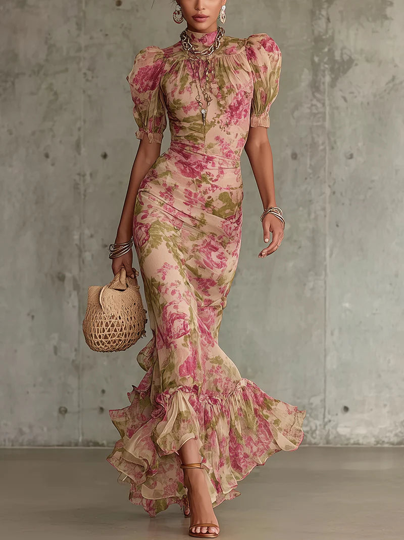 Margaret™ | Vintage Rose Puff Sleeve Maxi Dress