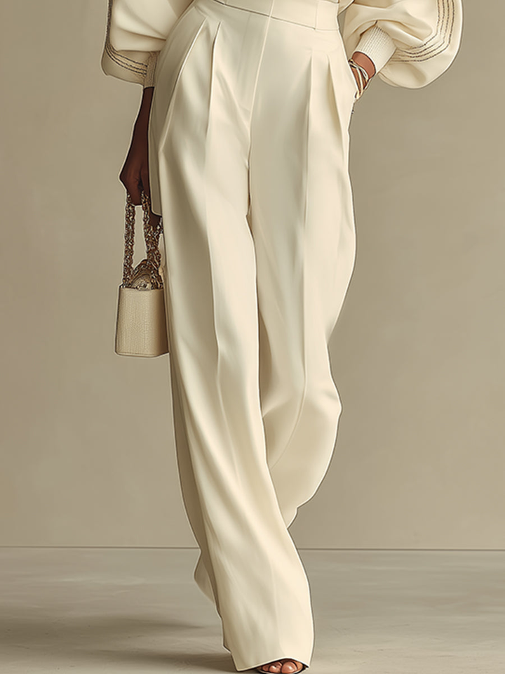 Isa | Ivory Crew Neck Top And High-waisted Wide-leg Pants Set